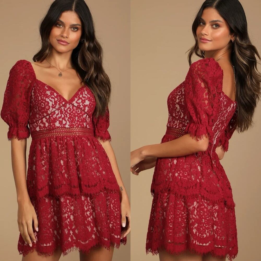 Lulus Unlock My Love‎ Wine Red Lace Tiered Short Slv Puff Shoulder Mini Dress XS